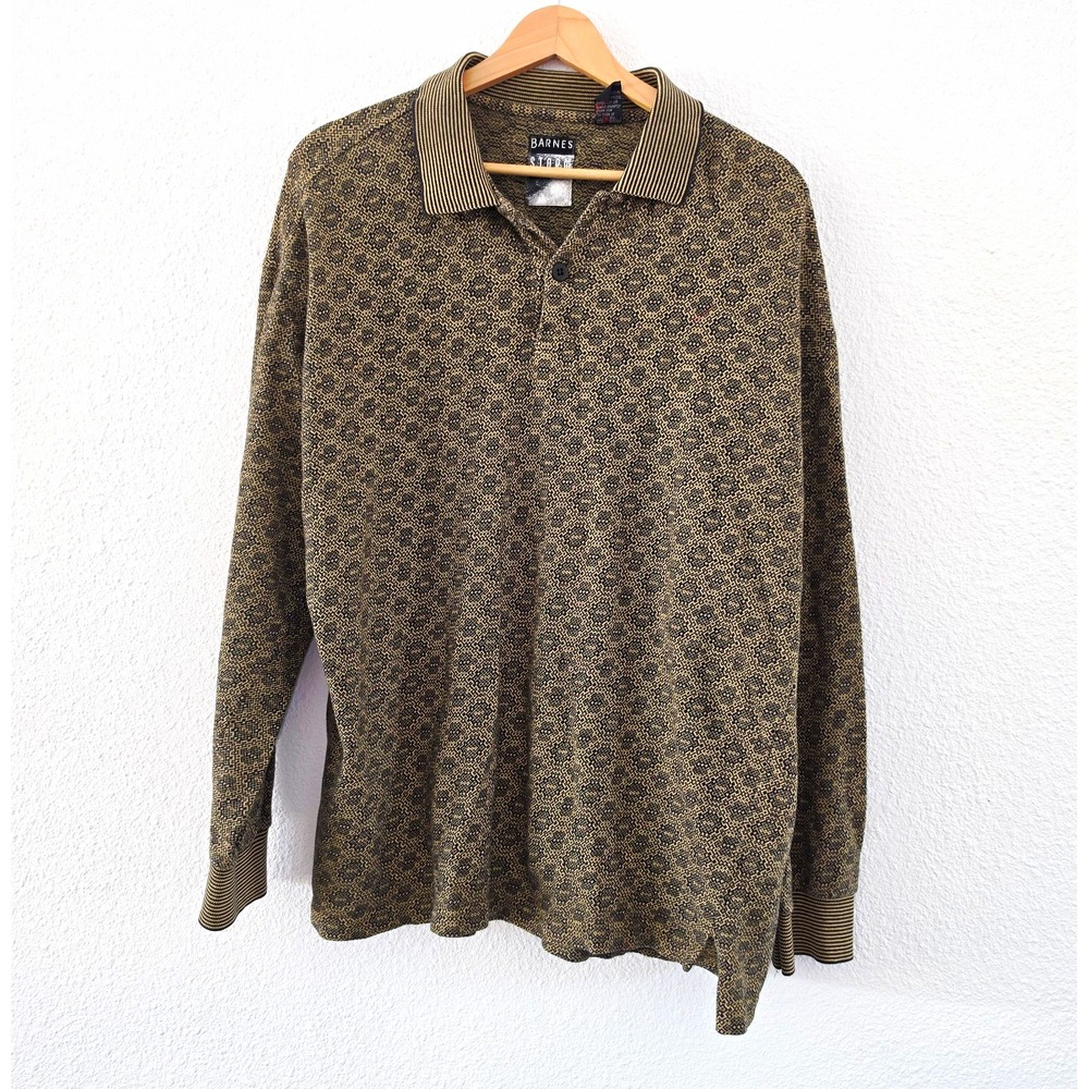 Vintage Barnes & Storm Mens Long Sleeve Polo Shirt 100% Cotton Knit Geometric L
